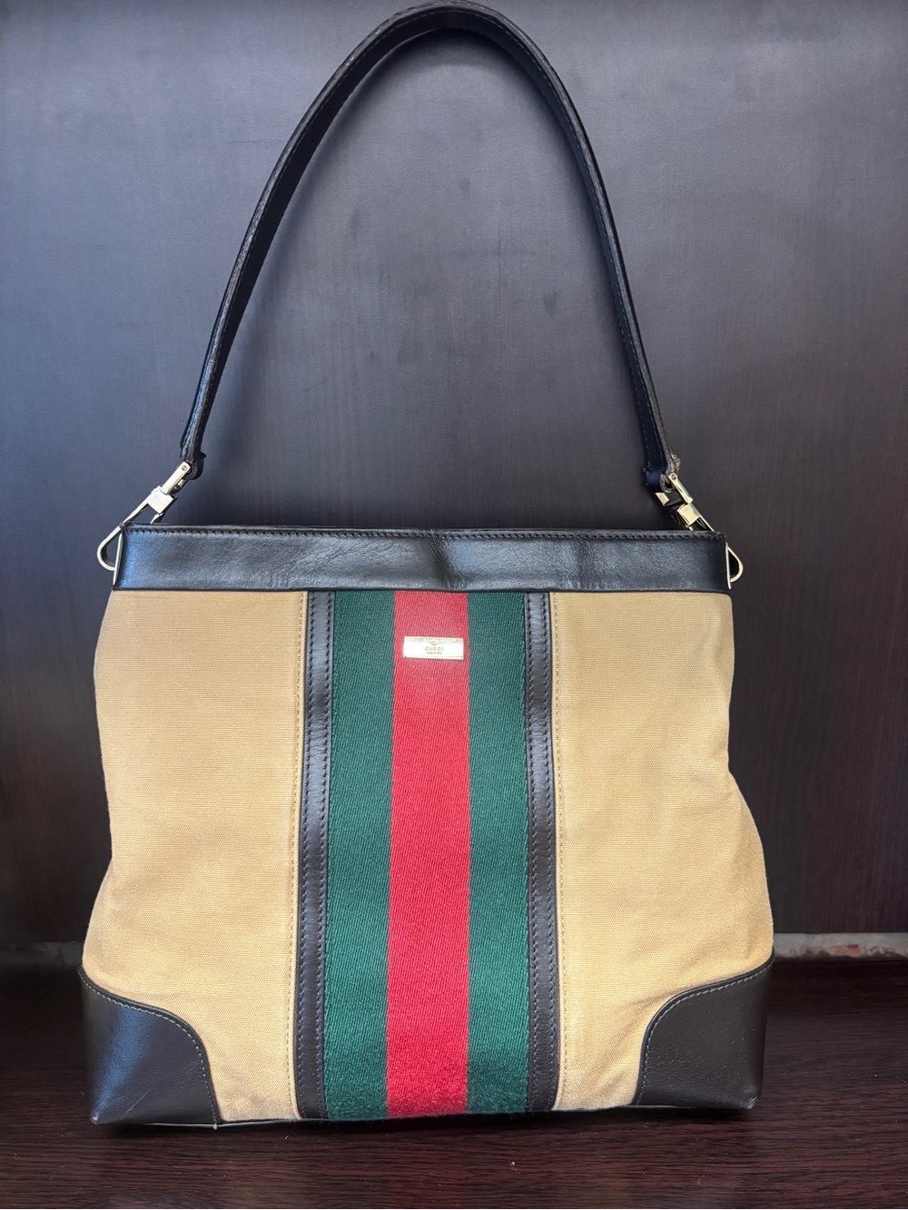 Gucci Tan Canvas Shoulder Bag with Green and Red Web Stripe